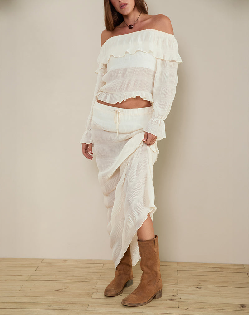 Kalena Langärmeliges Bardot-Top aus Chiffon Plissee Elfenbein