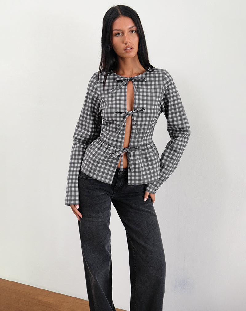 Bertaria Langarm-Top in Tonal Gingham Schwarz und Grau