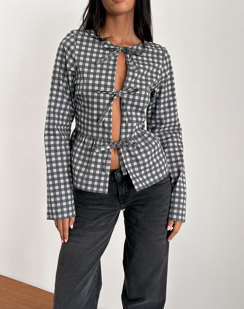 Bertaria Langarm-Top in Tonal Gingham Schwarz und Grau