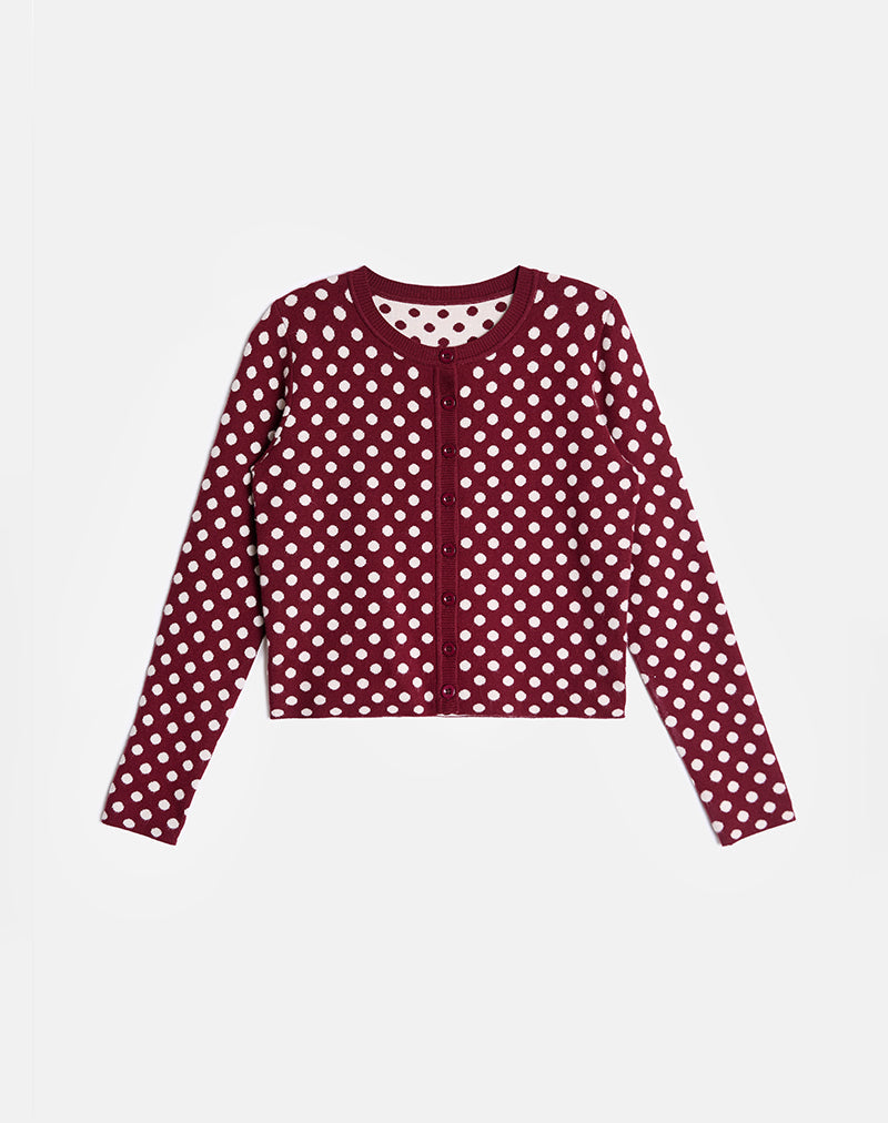 Image of Bhavina Strickjacke in Burgund mit cremefarbenem Polka-Print