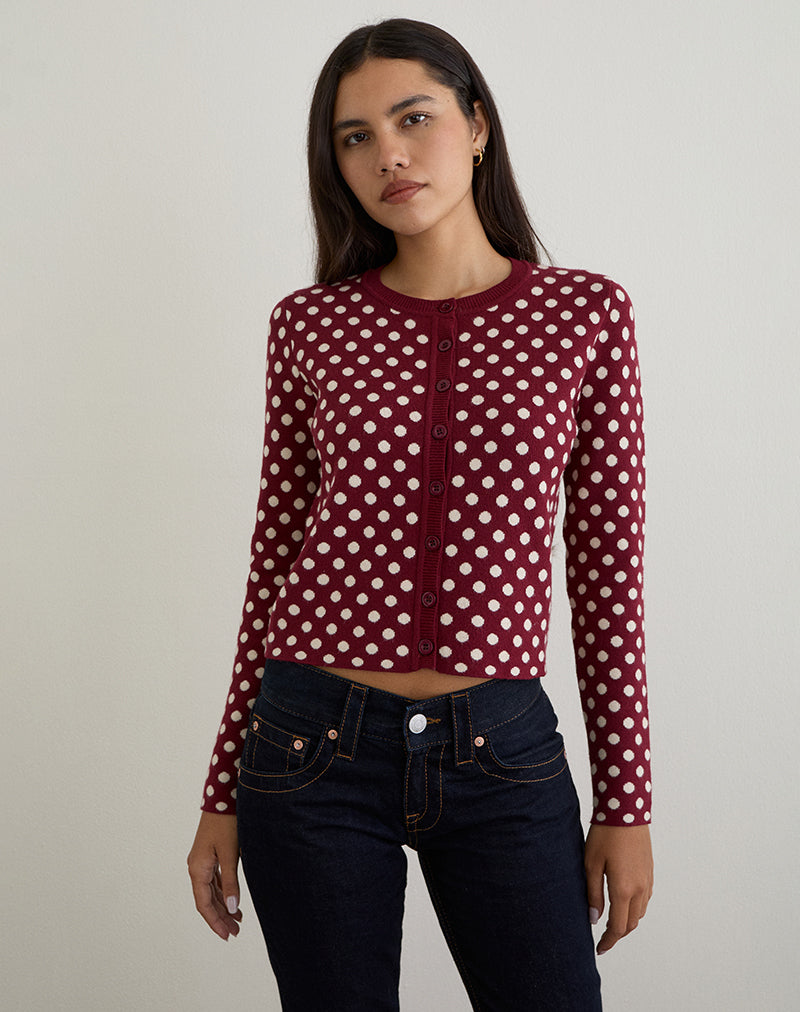 Image of Bhavina Strickjacke in Burgund mit cremefarbenem Polka-Print