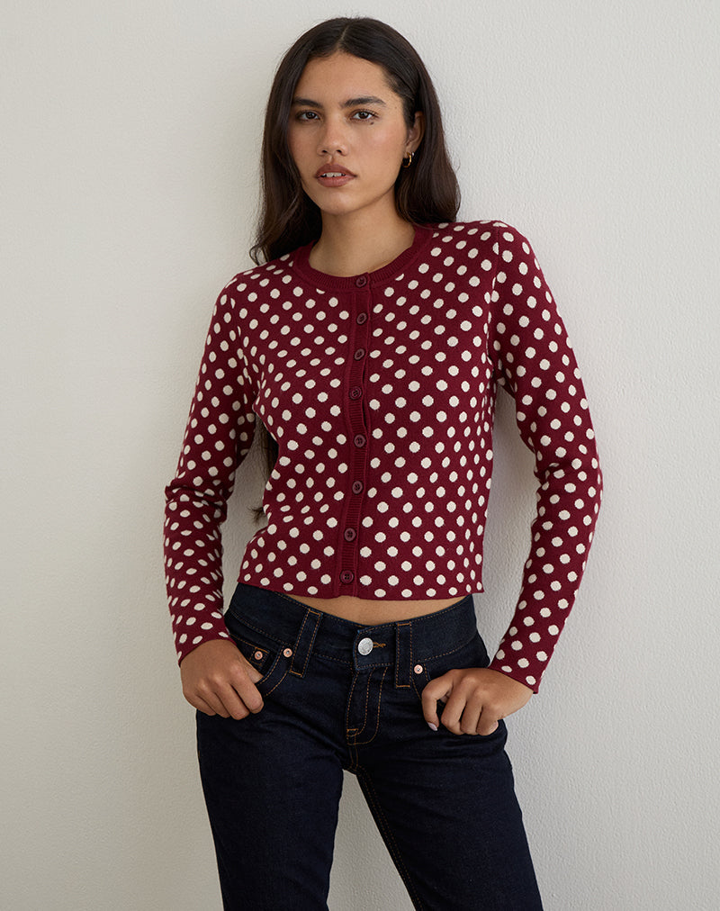 Image of Bhavina Strickjacke in Burgund mit cremefarbenem Polka-Print