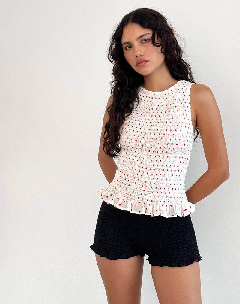 Birita Gerafftes Tank-Top in Weiß und Rot Polkadot