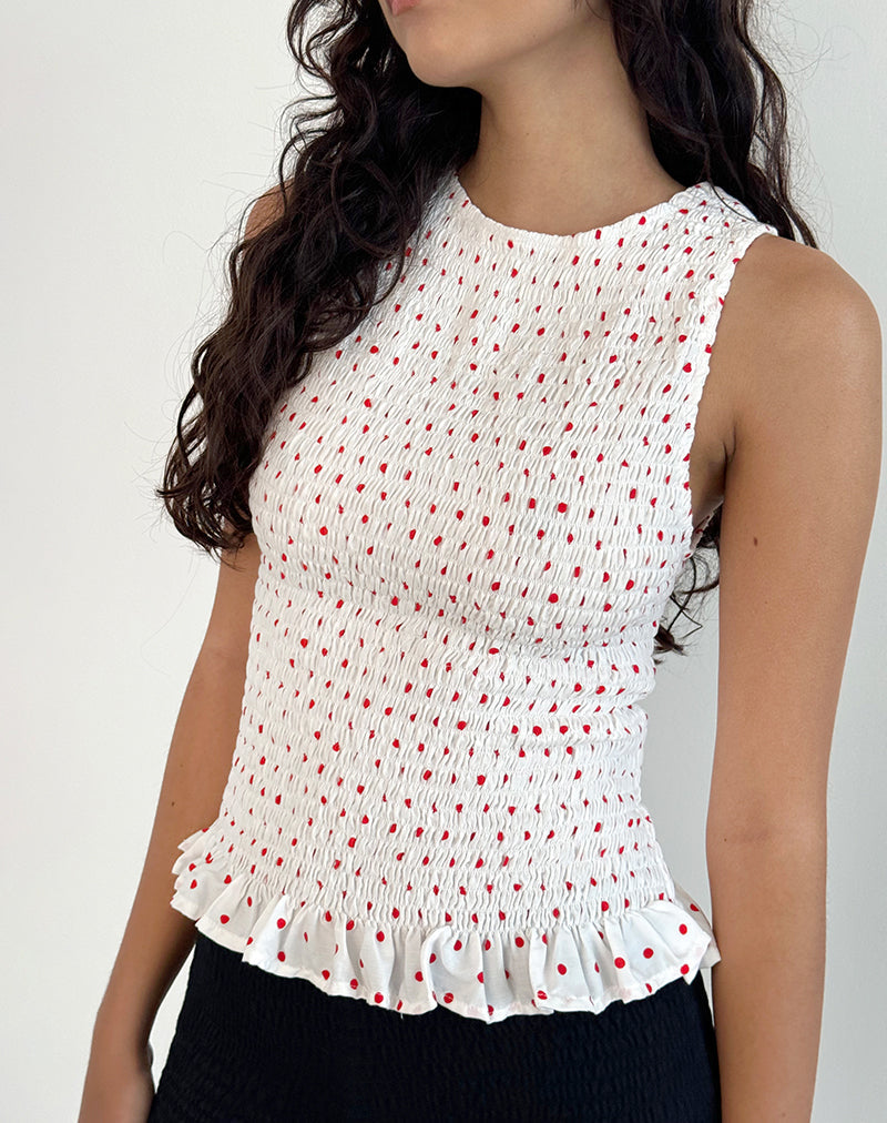 Birita Gerafftes Tank-Top in Weiß und Rot Polkadot