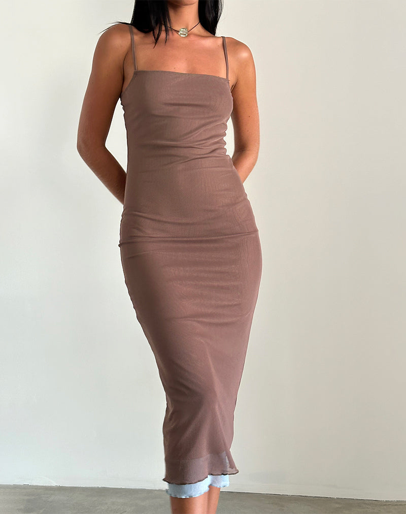 Bisilk Midikleid aus Mesh Braun mit Hellblau