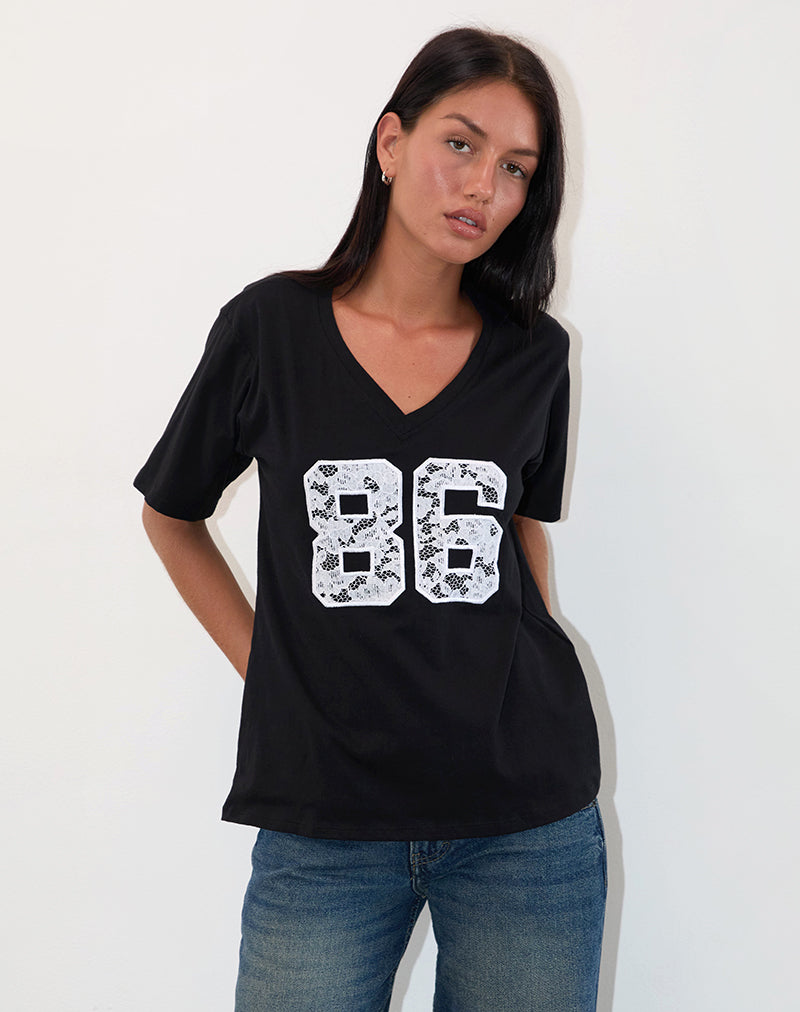 Blaine Oversized Tee in Schwarz mit 86 weißer Spitzenstickerei