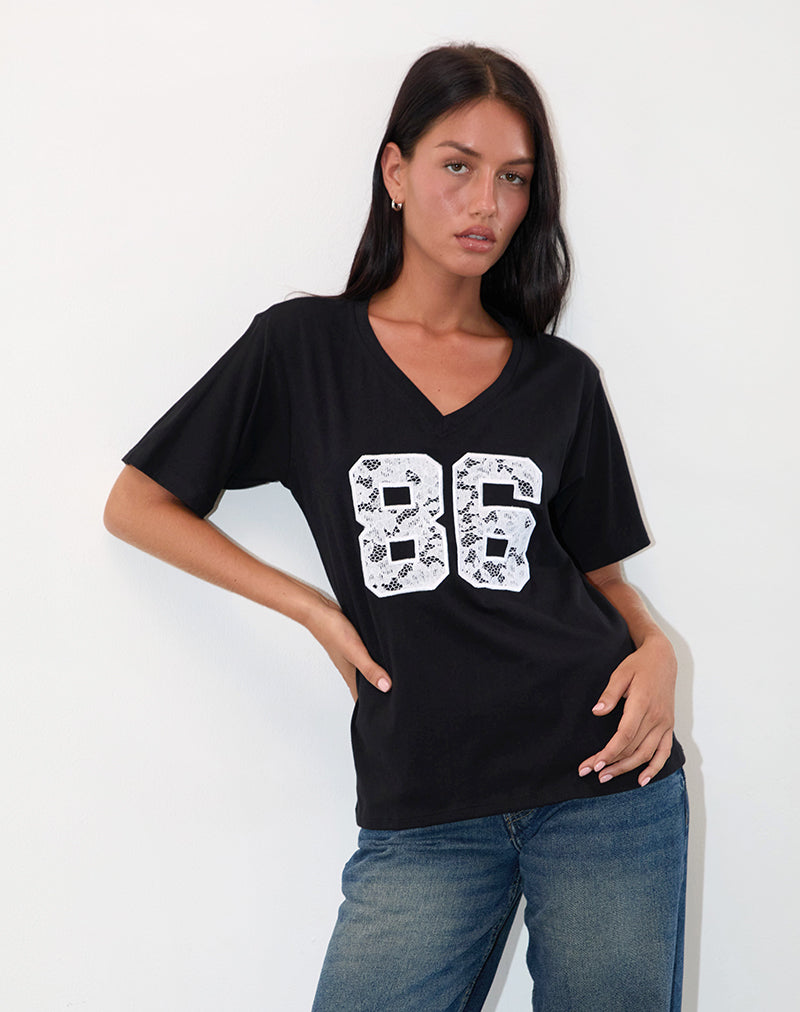 Image of Blaine Oversized Tee in Schwarz mit 86 weißer Spitzenstickerei