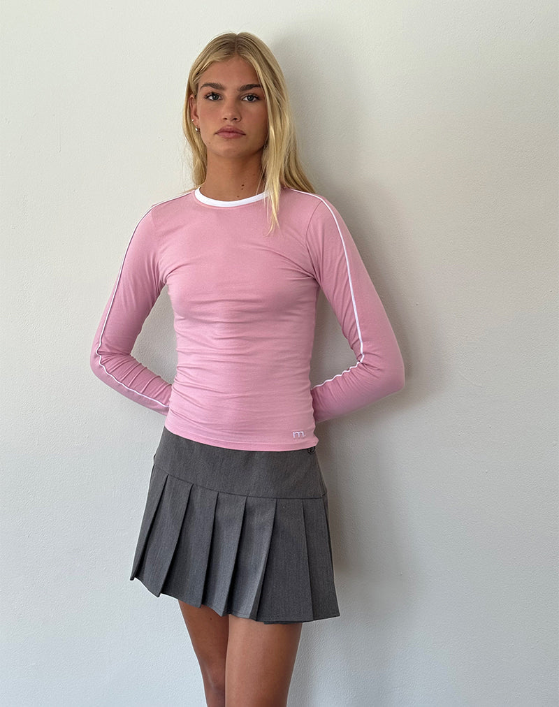 Image of Bonija Langarm-Top in Flamingo-Pink mit weißen Paspeln und M-Stickerei
