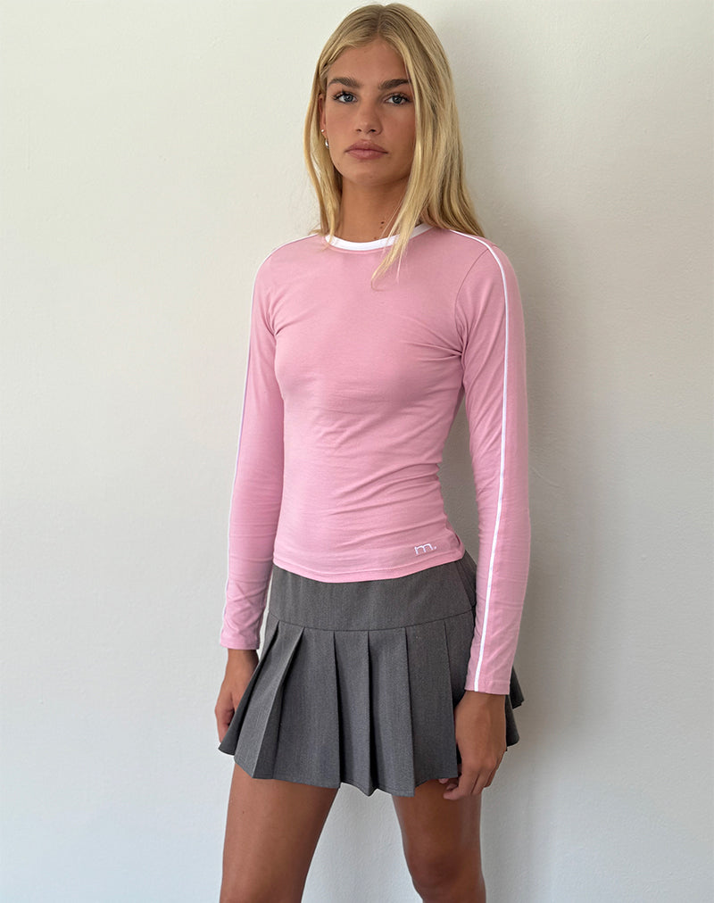 Image of Bonija Langarm-Top in Flamingo-Pink mit weißen Paspeln und M-Stickerei