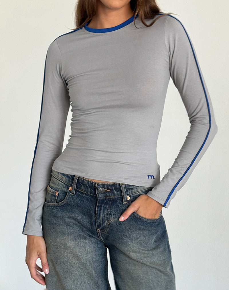 Image of Bonija Langarm-Top in Grau mit kobaltblauer Paspelierung