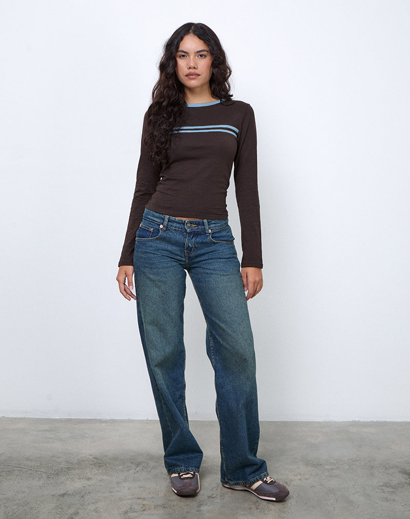 Image of Bonjita Top in Schokoladenbraun mit aschblauem Zwei-Streifen-Band
