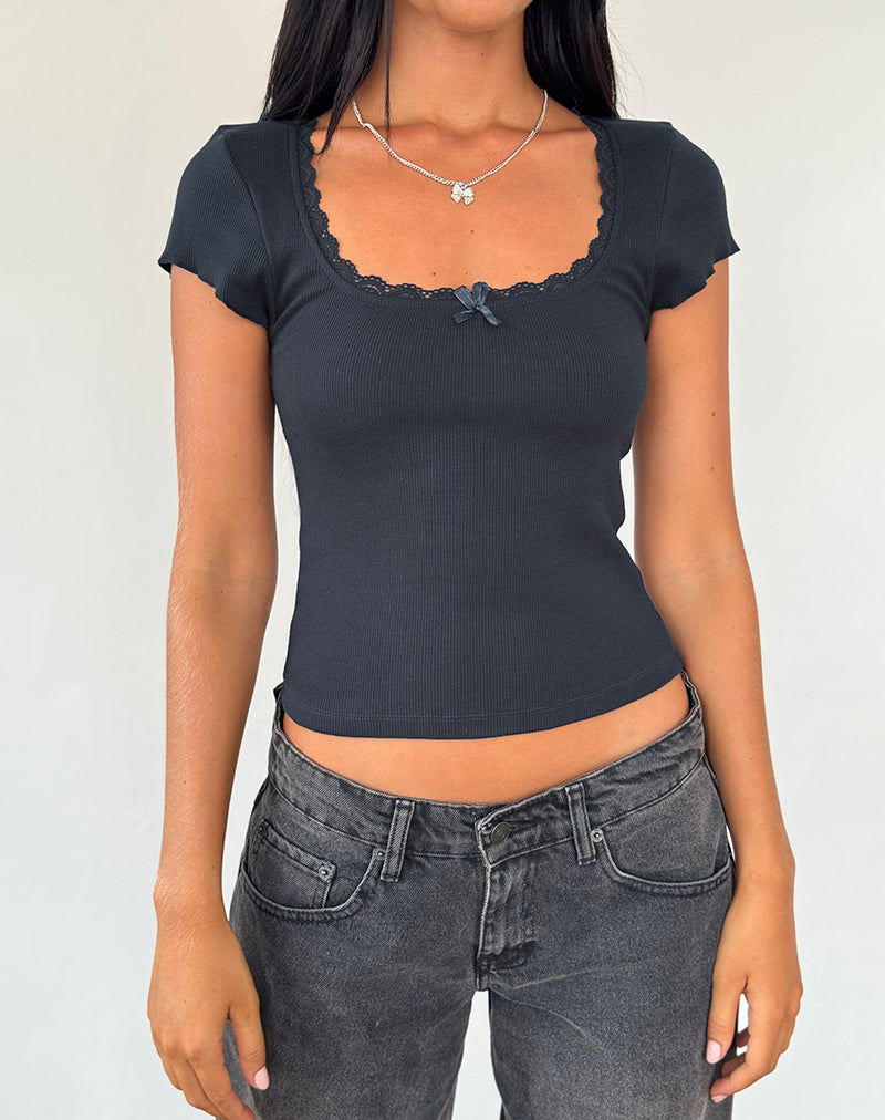 Image of Bovillo Cap Sleeve Top in Ocean Storm Gerippter Jersey