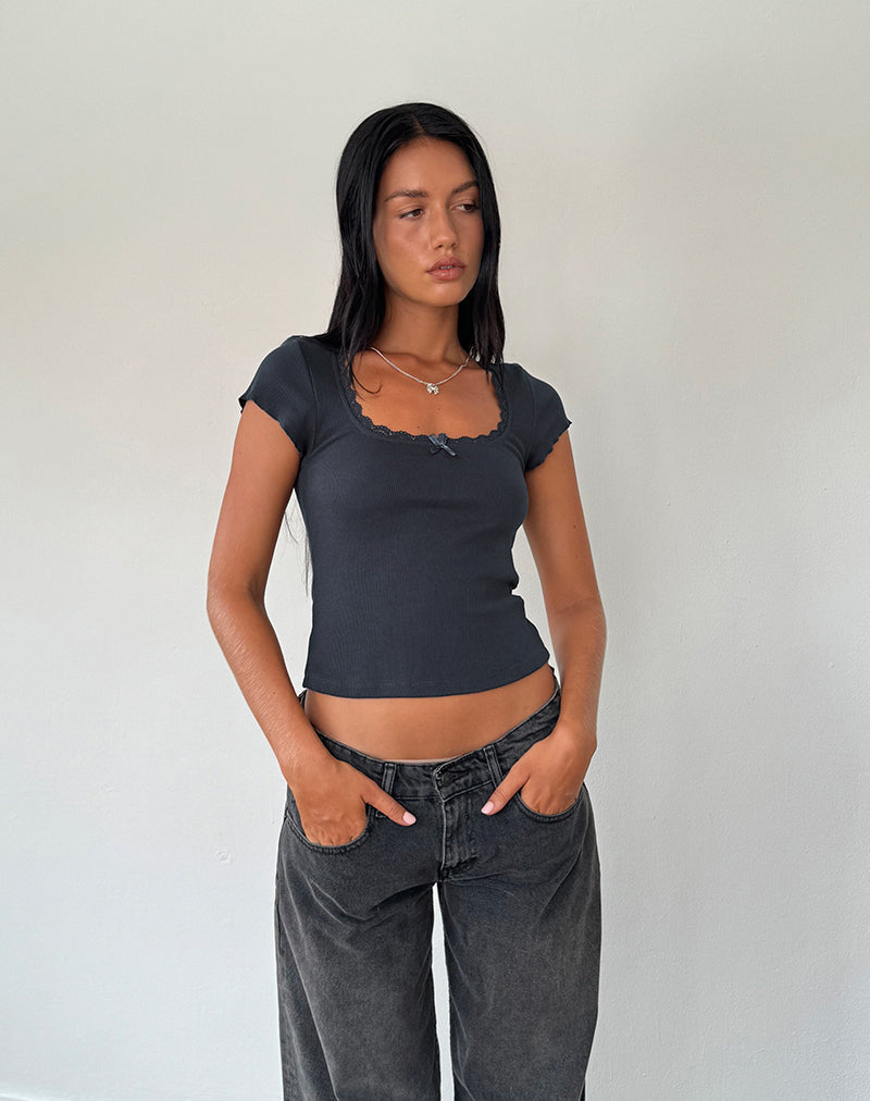 Image of Bovillo Cap Sleeve Top in Ocean Storm Gerippter Jersey
