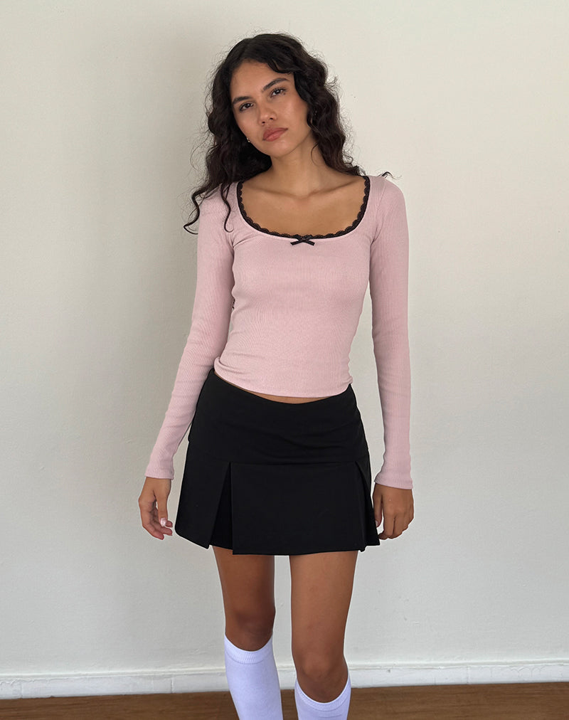 Bovita Langärmeliges geripptes Top in Pink Lady mit schwarzer Spitze