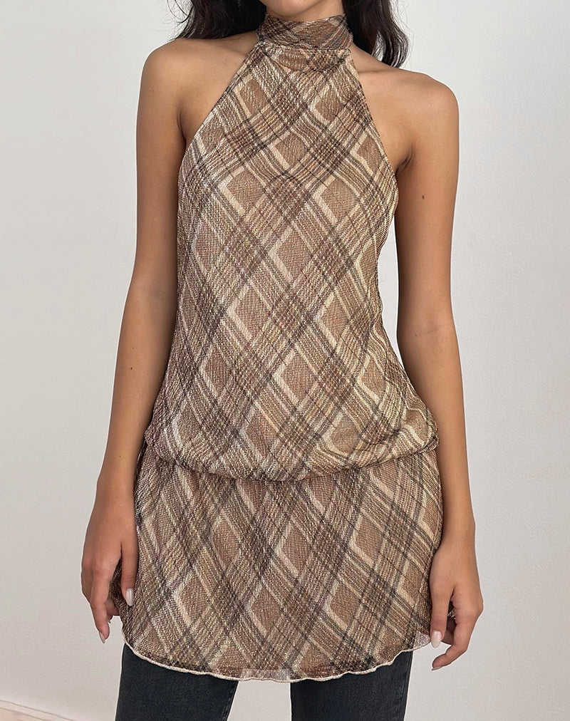 Image of Briani Neckholder-Kleid aus kariertem Plissee Braun
