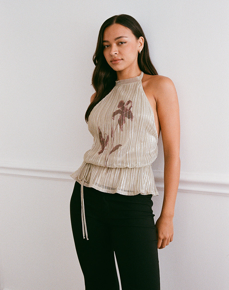 Image of Brienne Top in Light Gold Shimmer mit schmalem Blumenprint