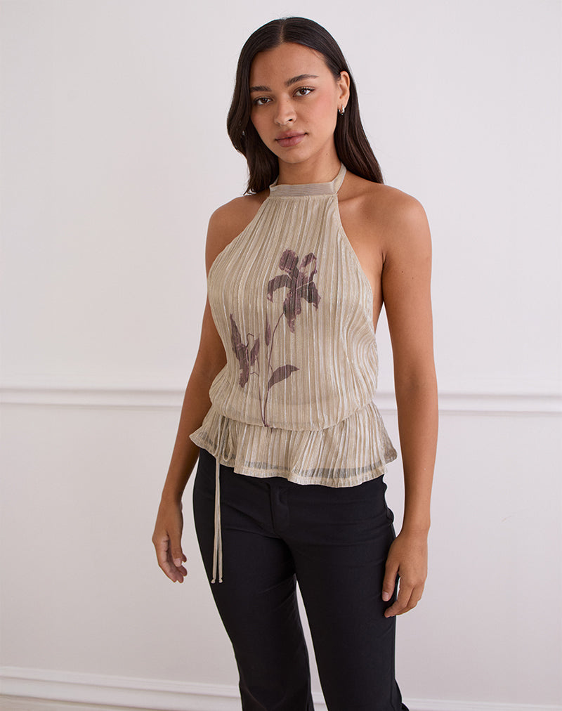 Brienne Top in Hellgold schimmernd mit schmalem Blumendruck