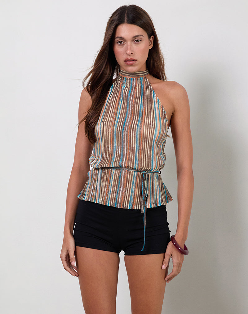 Image of Brienne Top in Blau und Braun Schimmernde Plissees