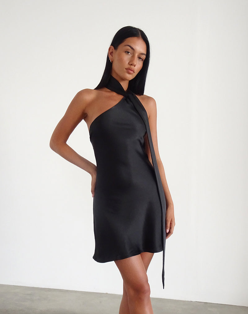 Image of Brigid Ein-Schulter-Satin-Kleid in Schwarz