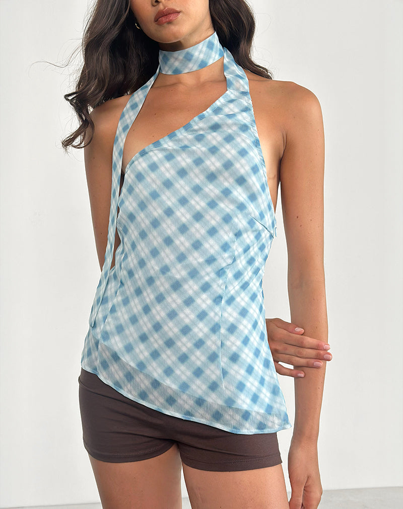 Briva Krawatten-Top in Blurred Check Blau
