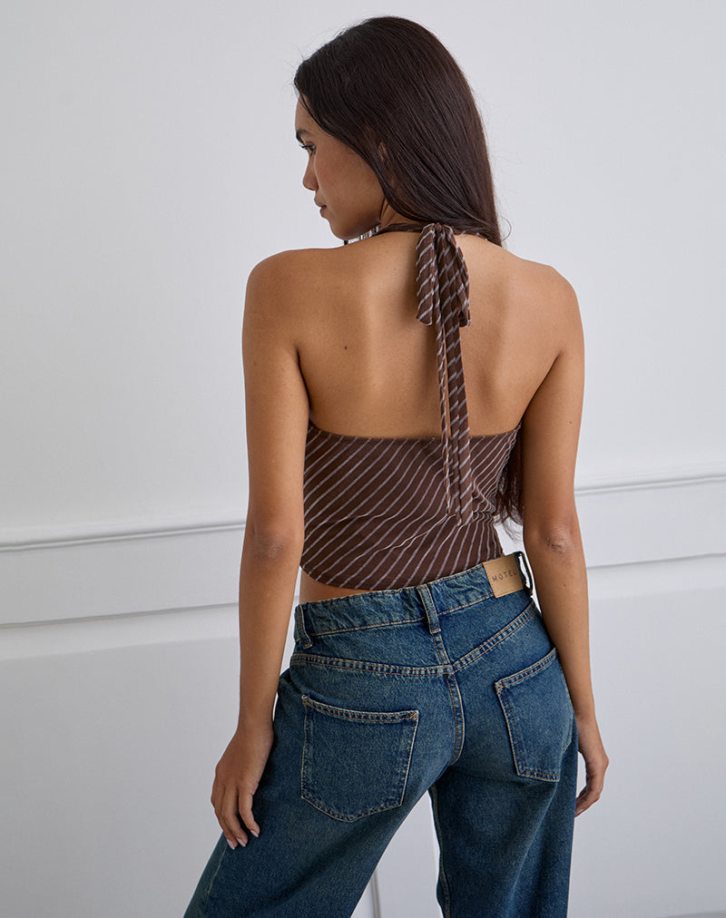 Image of Bujou Cowl Top in Diagonalstreifen beflockt Braun und Creme