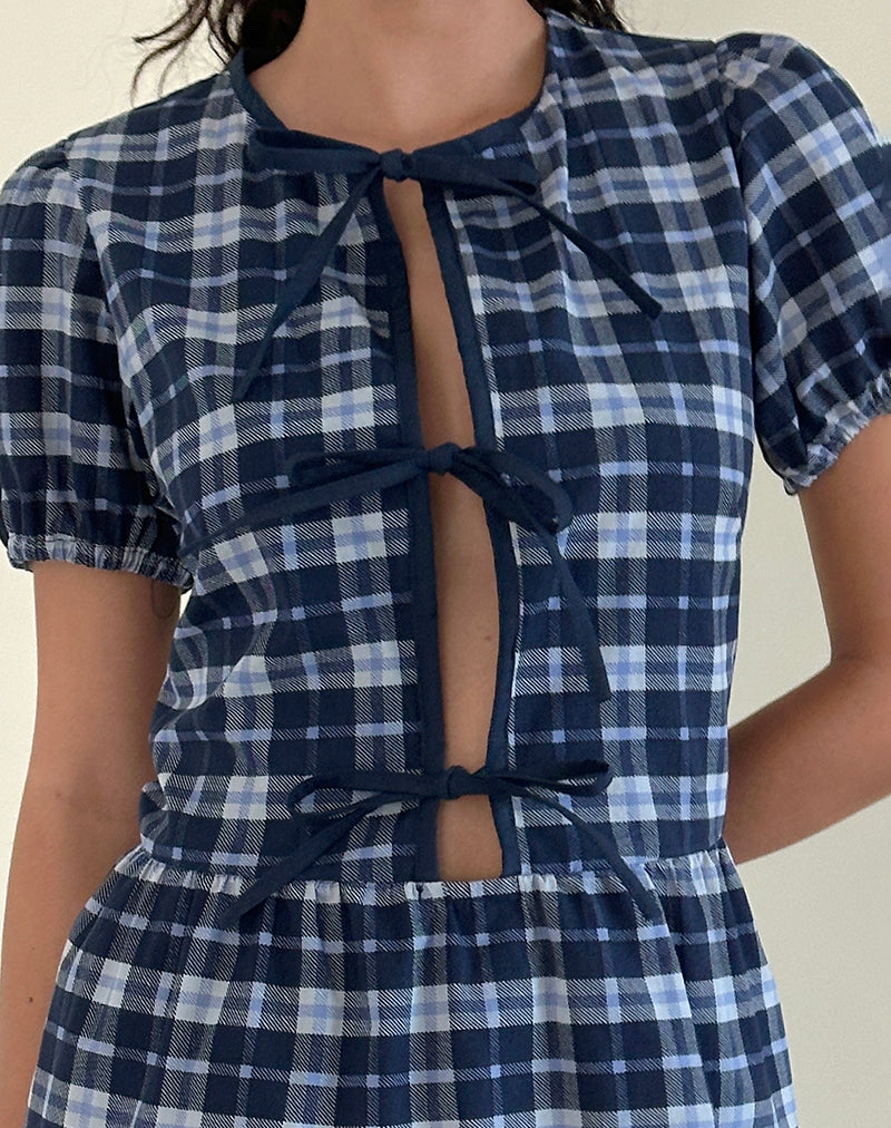 Byan Tie Front Kleid in Tartan Dunkelblau