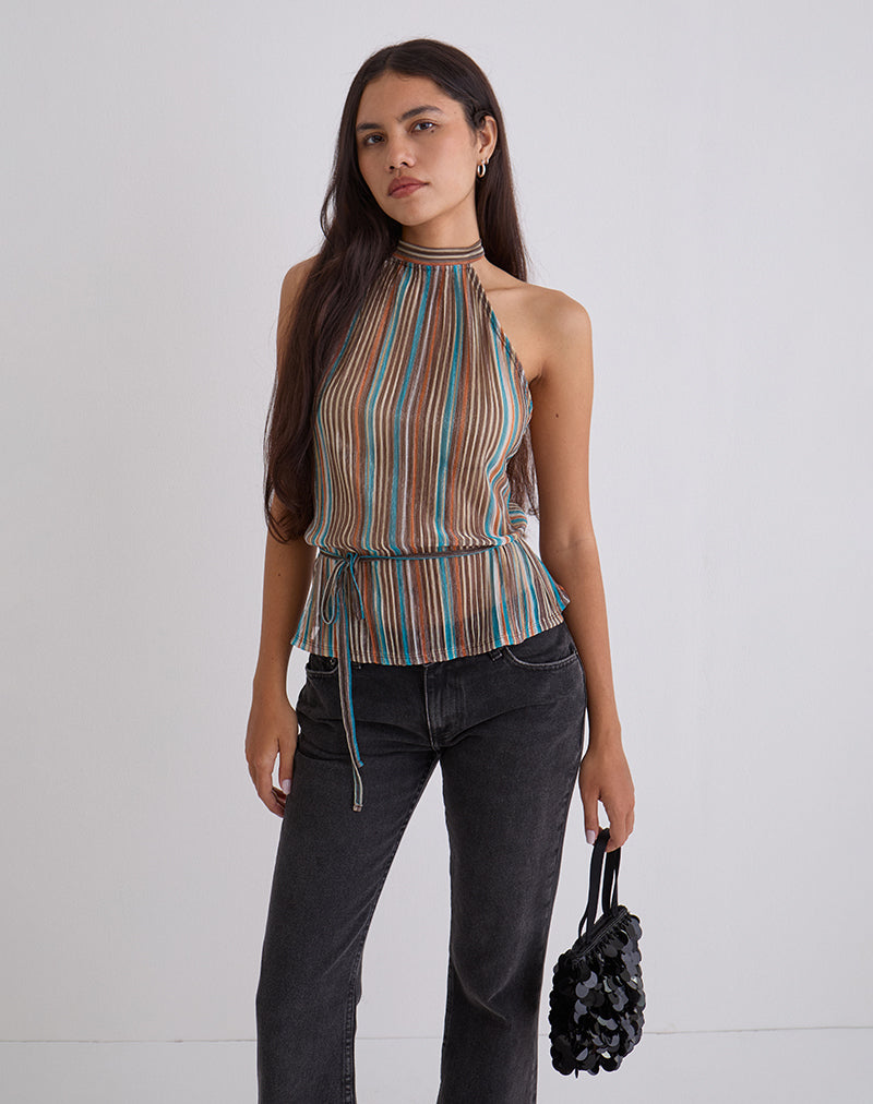 Brienne Top in blau und braun schimmerndem Plissee
