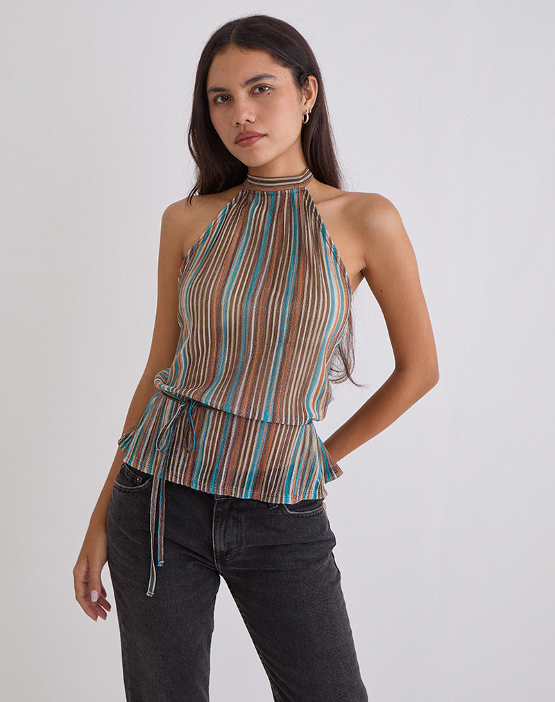 Brienne Top in blau und braun schimmerndem Plissee
