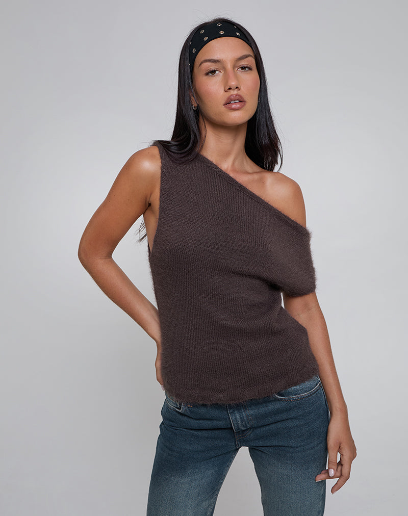 Image of Calyce Schulterfreies Top aus flauschigem Strick in Dunkelbraun