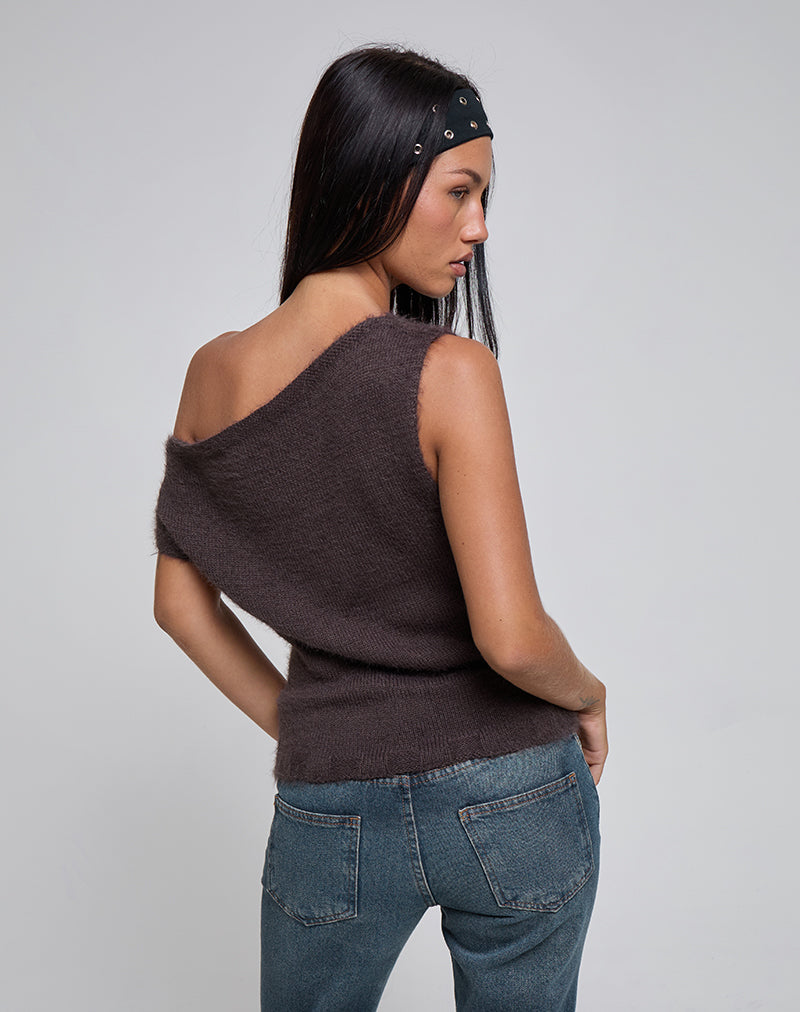 Image of Calyce Schulterfreies Top aus flauschigem Strick in Dunkelbraun