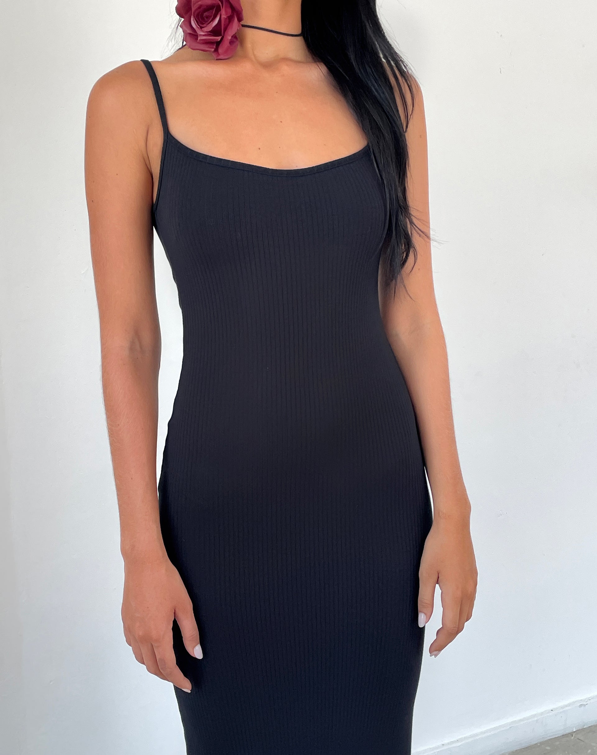 Image of Cantha Maxikleid mit Riemchen aus schwarzer Rippe