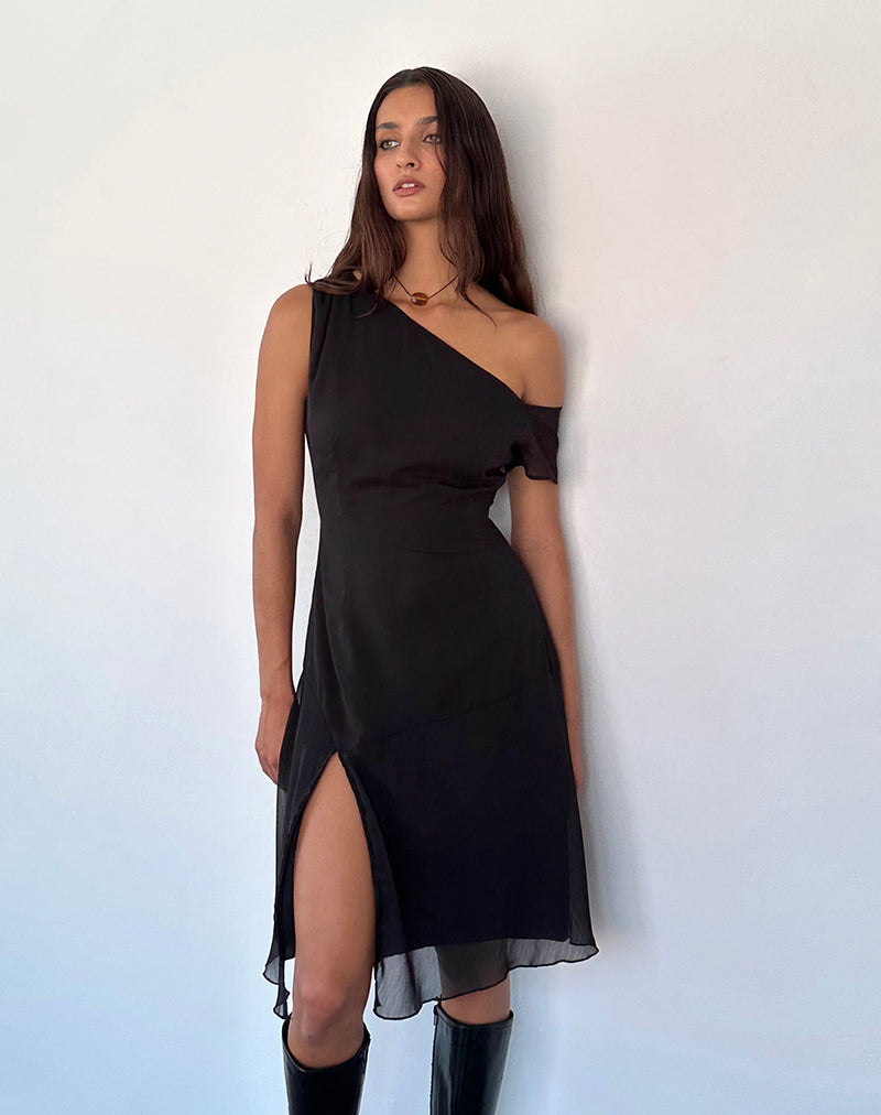 Bild von Carissa One Shoulder Chiffon Midikleid in Schwarz