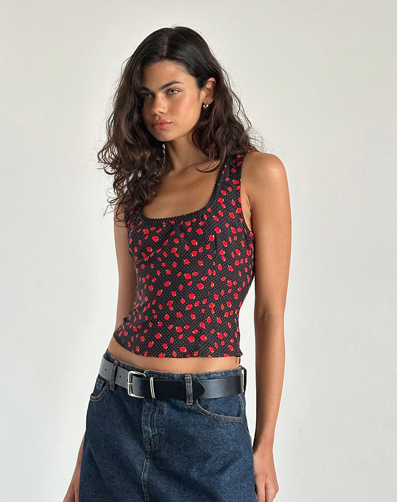 Carys Vest Top in Strawberry Polka Schwarz