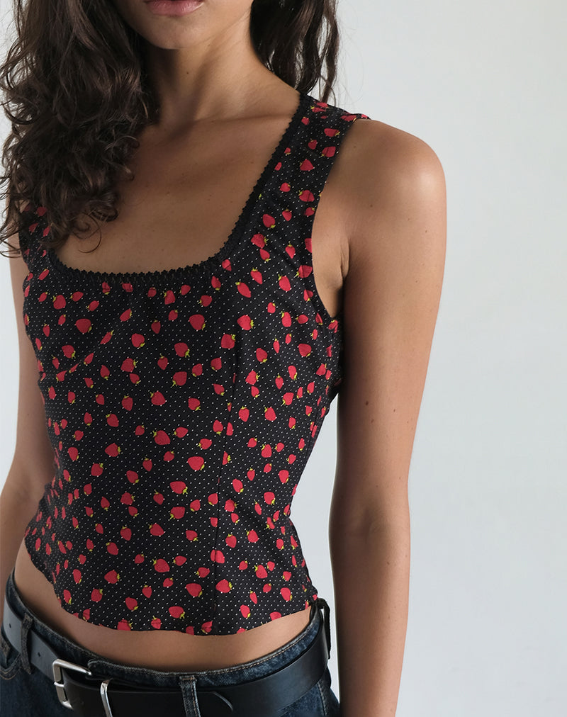 Carys Vest Top in Strawberry Polka Schwarz