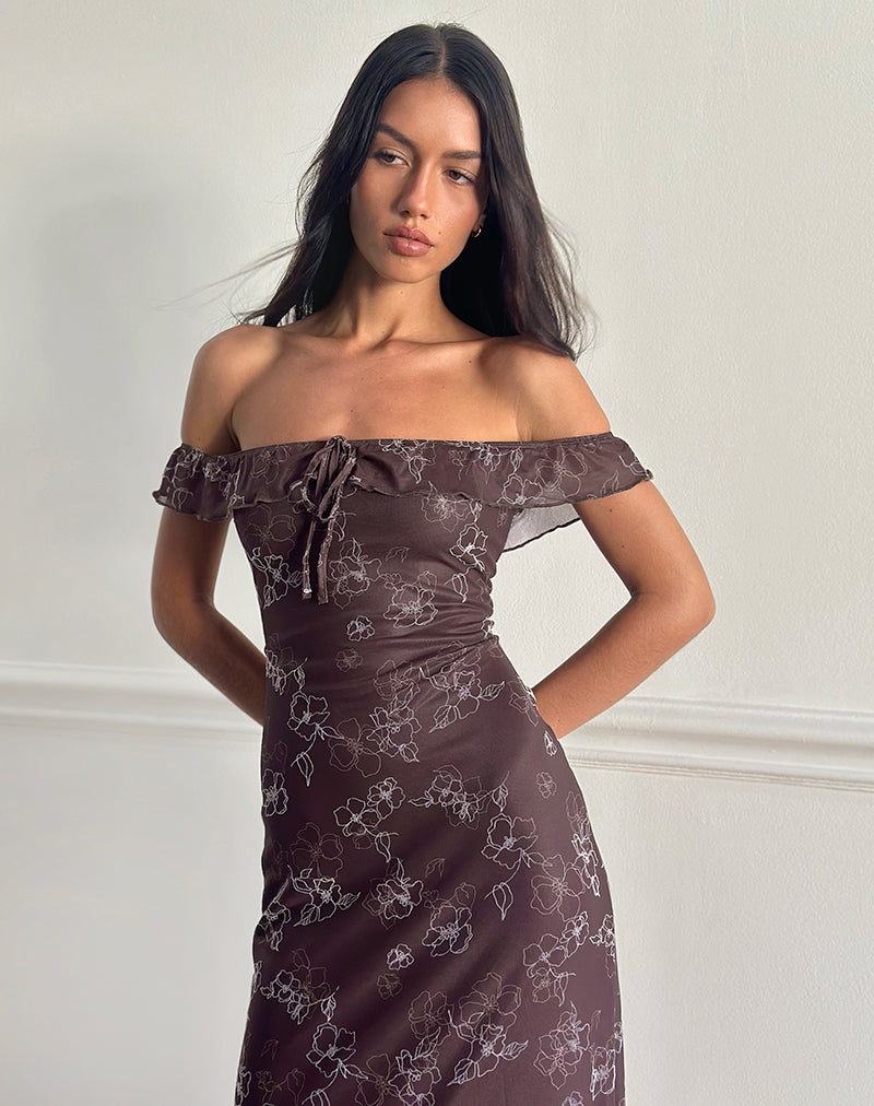 Image of Catrin Midikleid in Doodle Flower Flock Braun