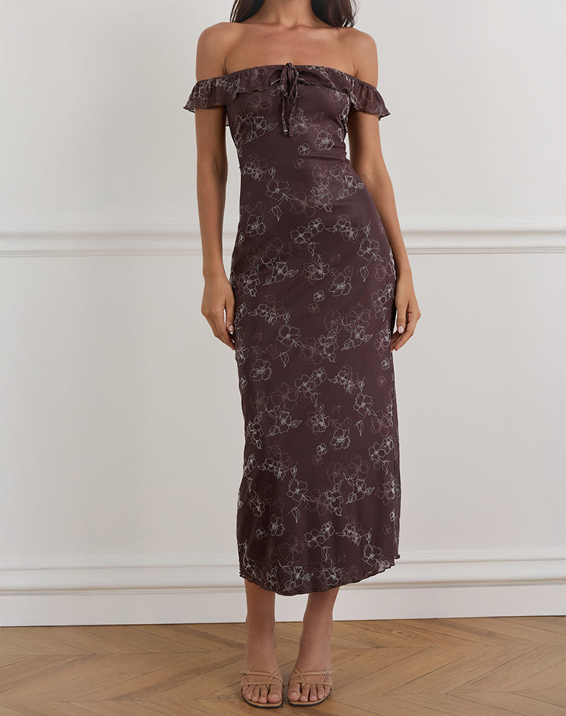 Catrin Midikleid in Doodle Flower Flock Braun