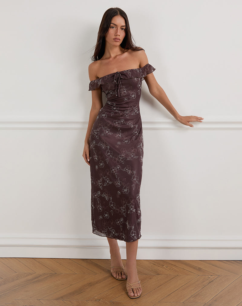 Image of Catrin Midikleid in Doodle Flower Flock Braun