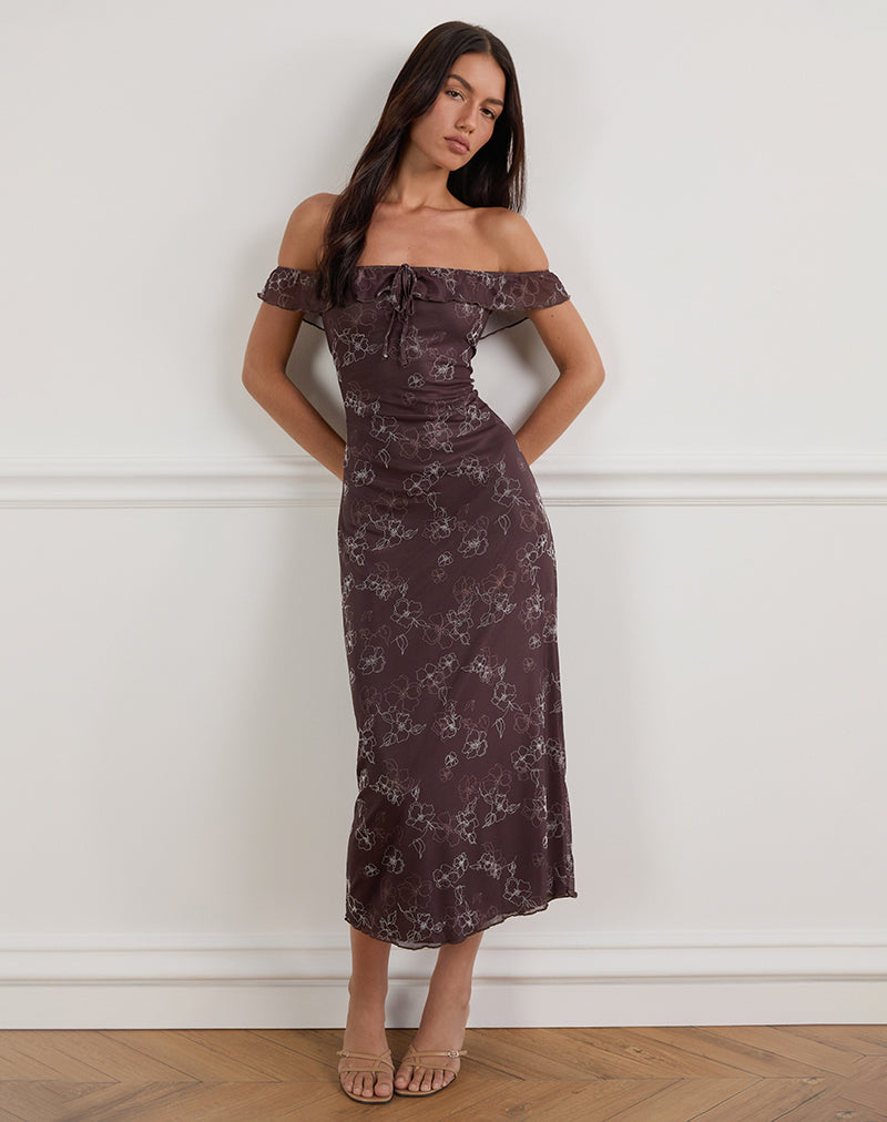 Catrin Midikleid in Doodle Flower Flock Braun