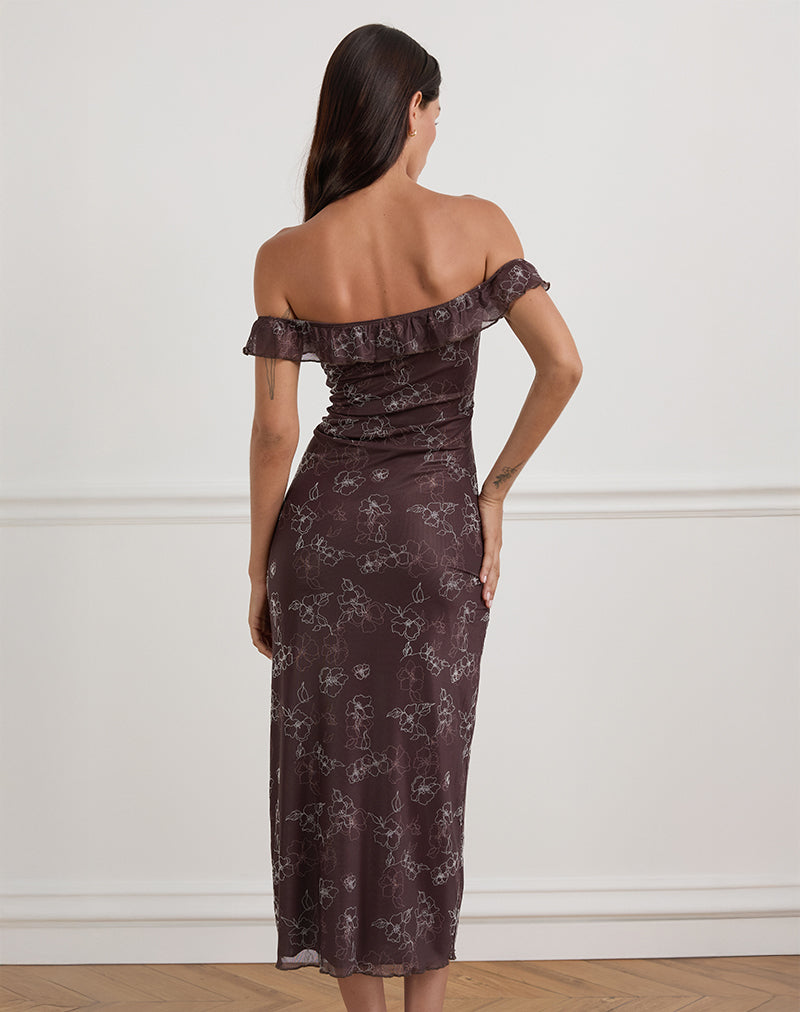 Image of Catrin Midikleid in Doodle Flower Flock Braun