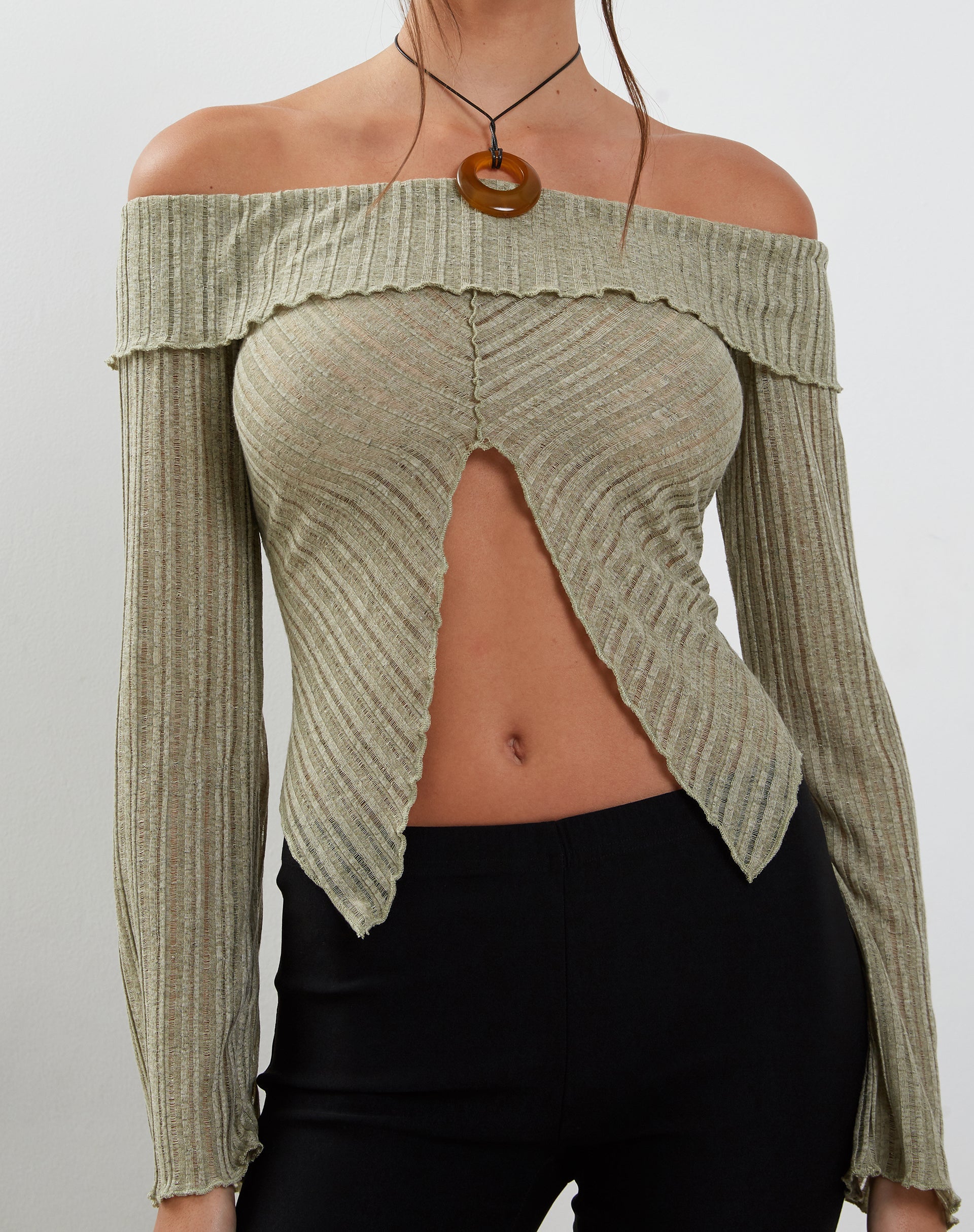 Bild von Celeste Langarm Bardot gestricktes Top in Salbei