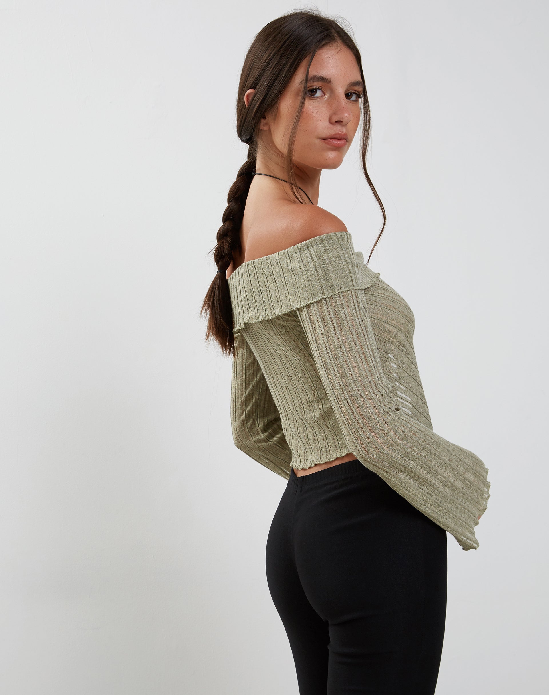 Bild von Celeste Langarm Bardot gestricktes Top in Salbei
