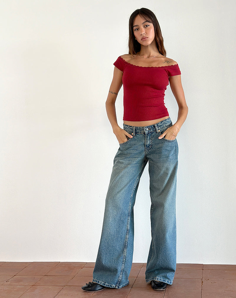 Image of Chacha Geripptes Top in Adrenalinrot mit Spitzenbesatz