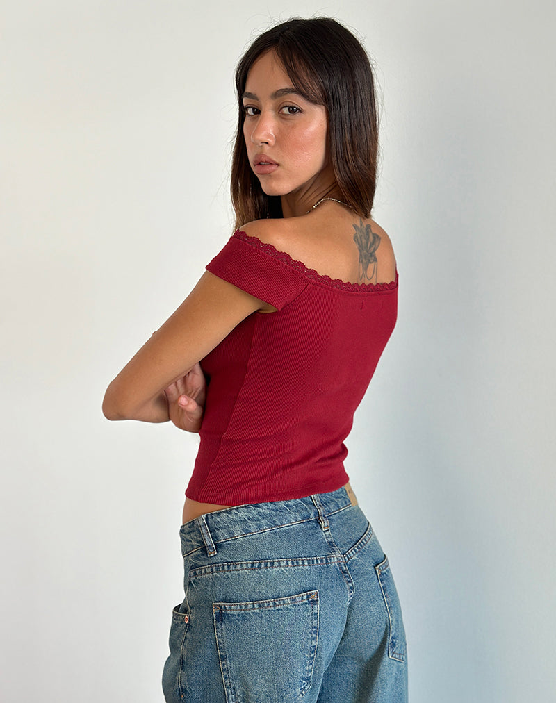 Image of Chacha Geripptes Top in Adrenalinrot mit Spitzenbesatz