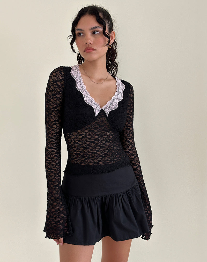 Chantal-Spitzen-Top in Schwarz mit rosa Zierleiste