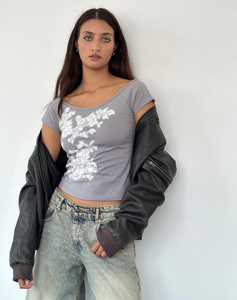 Charya Schulterfreies Top aus grauer floraler Spitze