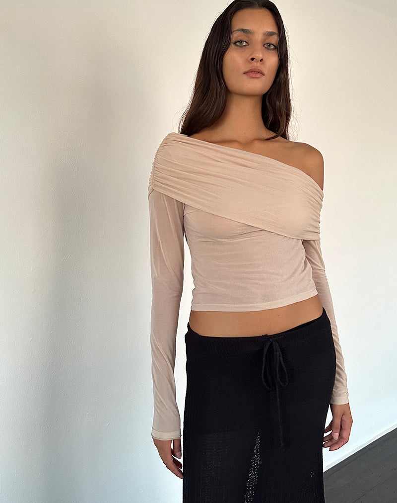 Chidi Bardot-Top aus durchscheinendem Mesh in Camel