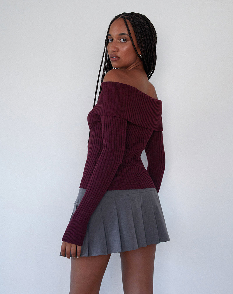 Image of Circe Gestrickter Bardot-Pullover in Burgunderrot