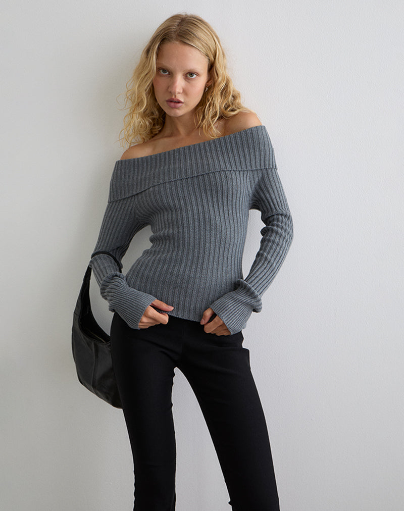 Bild von Circe Gestrickter Bardot-Pullover in Grau