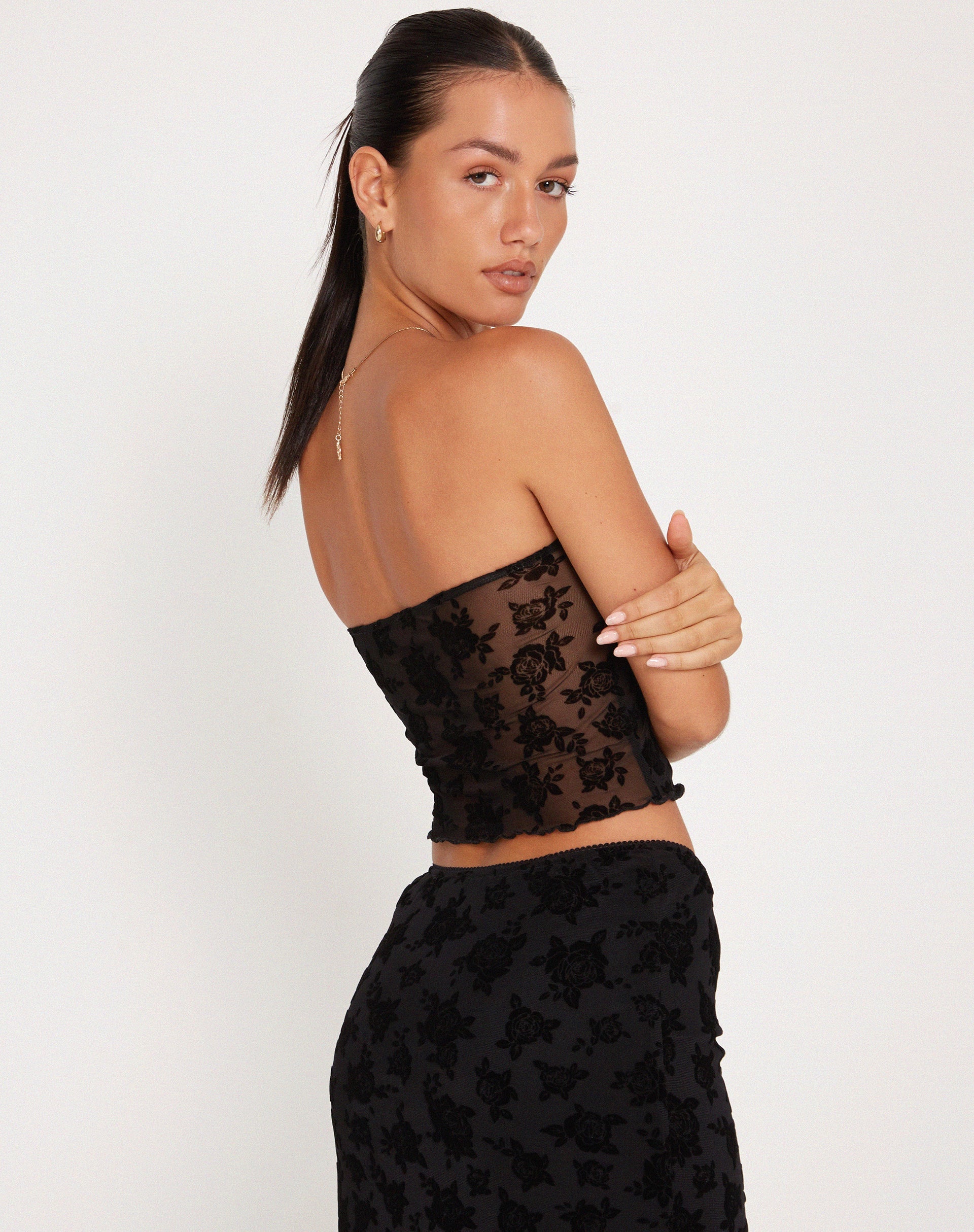Image of Claryn Korsett-Top aus Mesh Schwarz Romantische Rose Flock