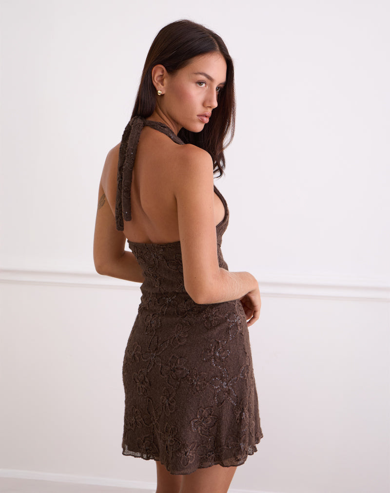 Image of Codami Minikleid mit Neckholder aus Paillettenstrick in Dunkelbraun